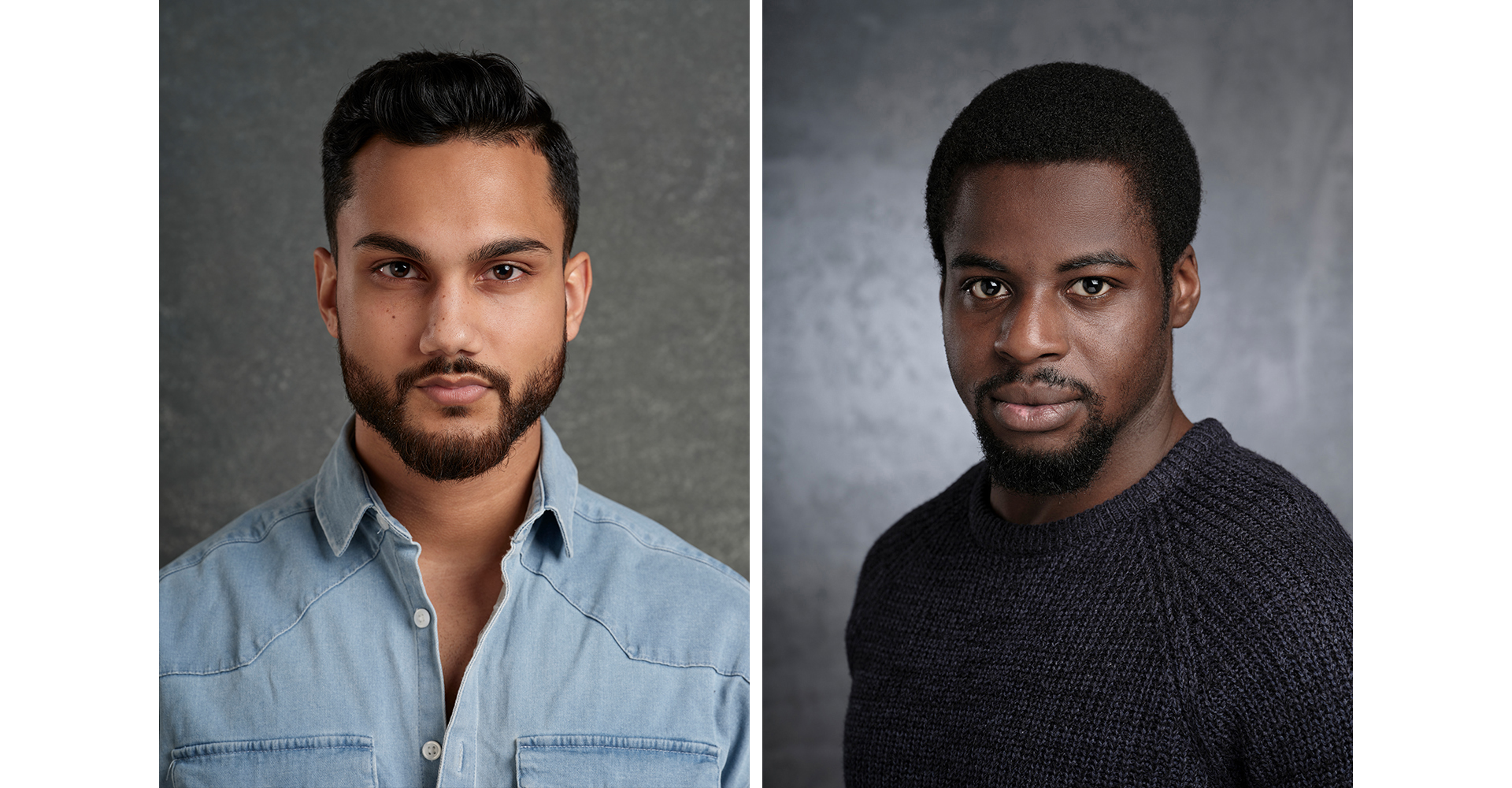 2 male actors head shots photo shoot front of grey canvas backdrops